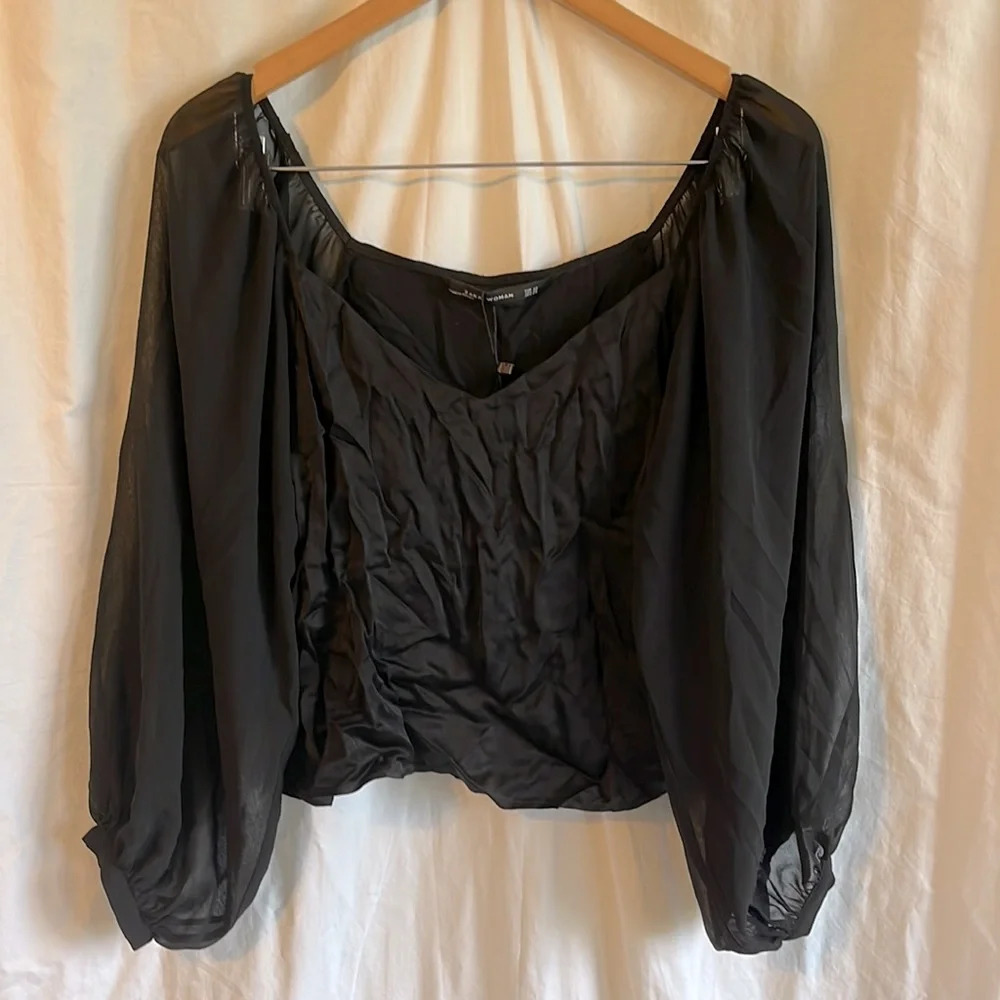 Zara NWT Womens Satin Sheer Bouffant Sleeve Elastic Off Shoulder Blouse